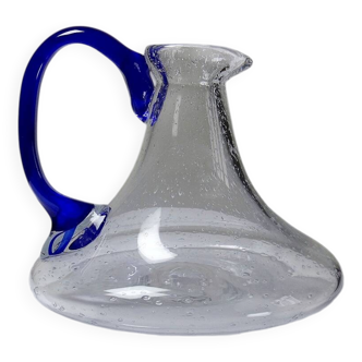 Bubble glass decanter with cobalt handle from Val de Pome Biot glassworks