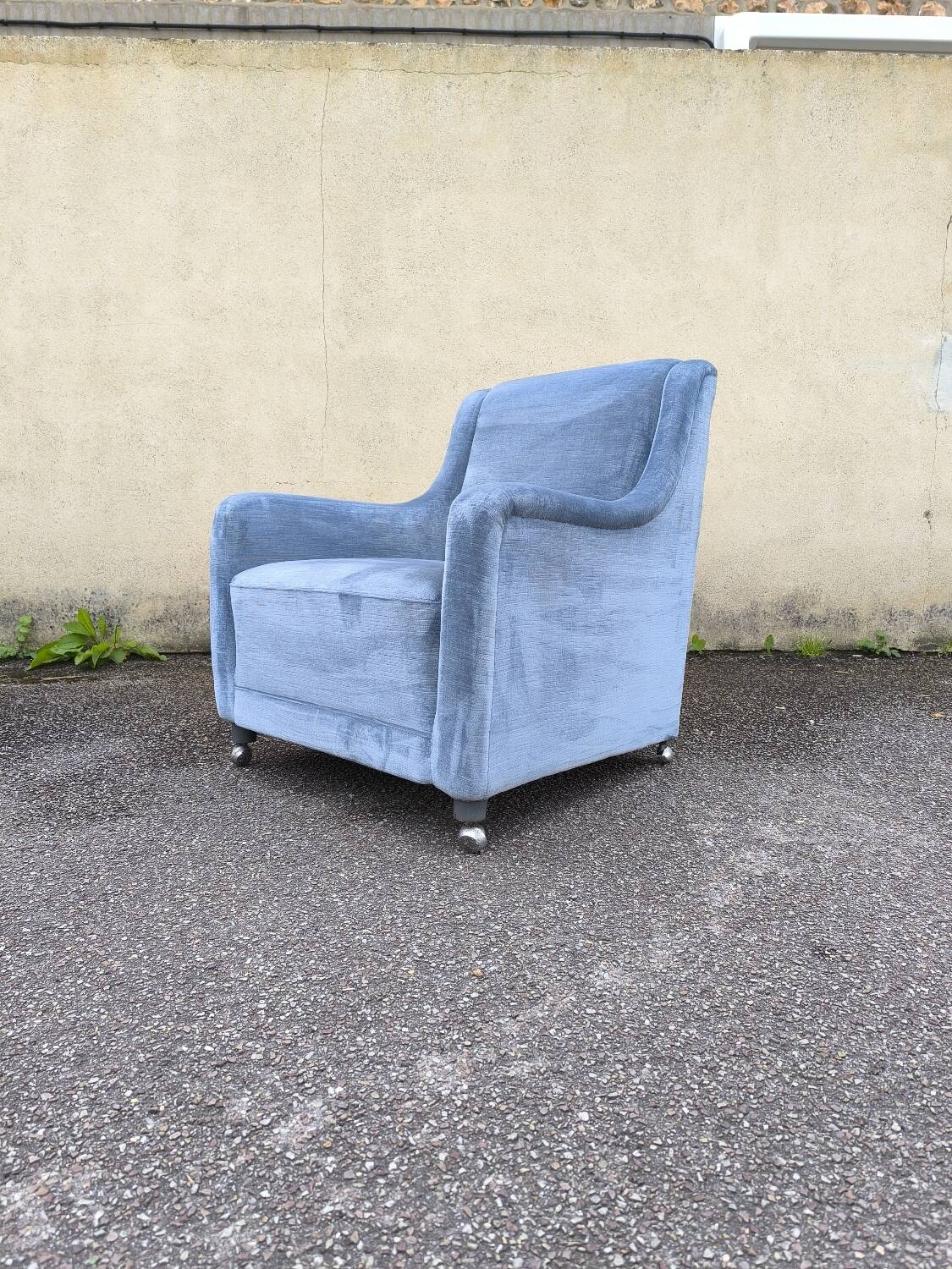 Cocktail armchair in sky blue velvet 1960s