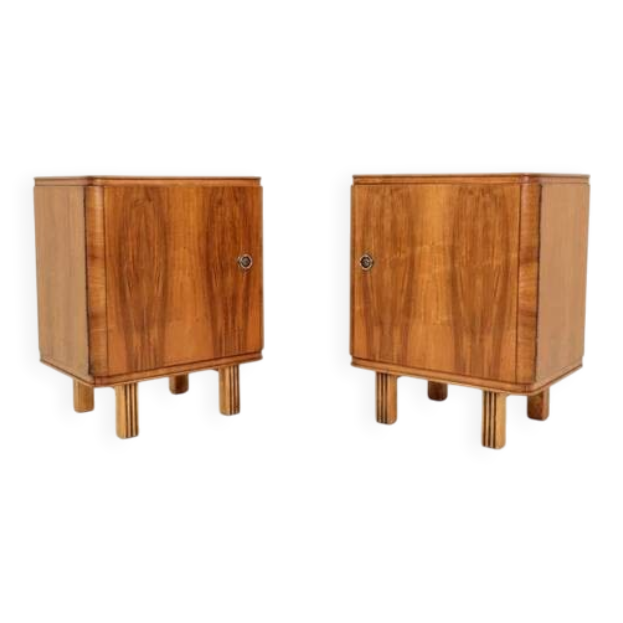 Pair of antique Art Deco bedside tables, walnut veneer, refurbished