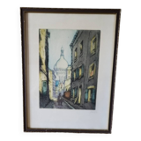Etching Marcel Julien Baron signed, hand-colored print / Rue de Paris