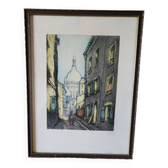 Eau forte Marcel Julien Baron signé, impression coloriée à la main/ Rue de Paris