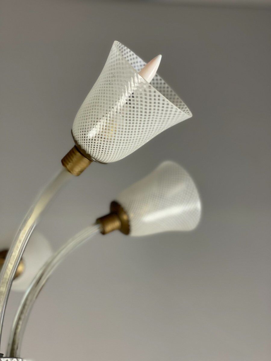 Venetian chandelier in colorless and white murano glass, venini circa 1940