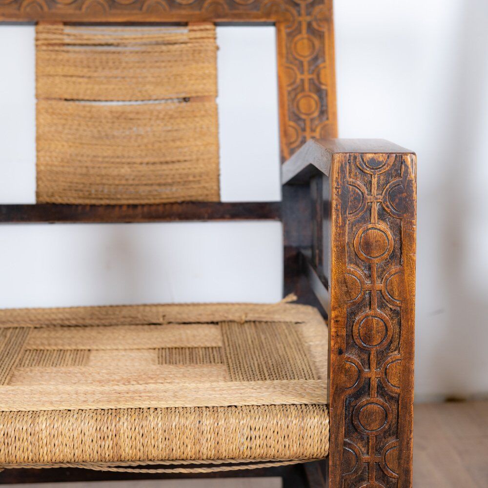 Neo-Basque sculpted armchairs in straw and oak, 1940s, set of 3