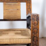 Neo-Basque sculpted armchairs in straw and oak, 1940s, set of 3