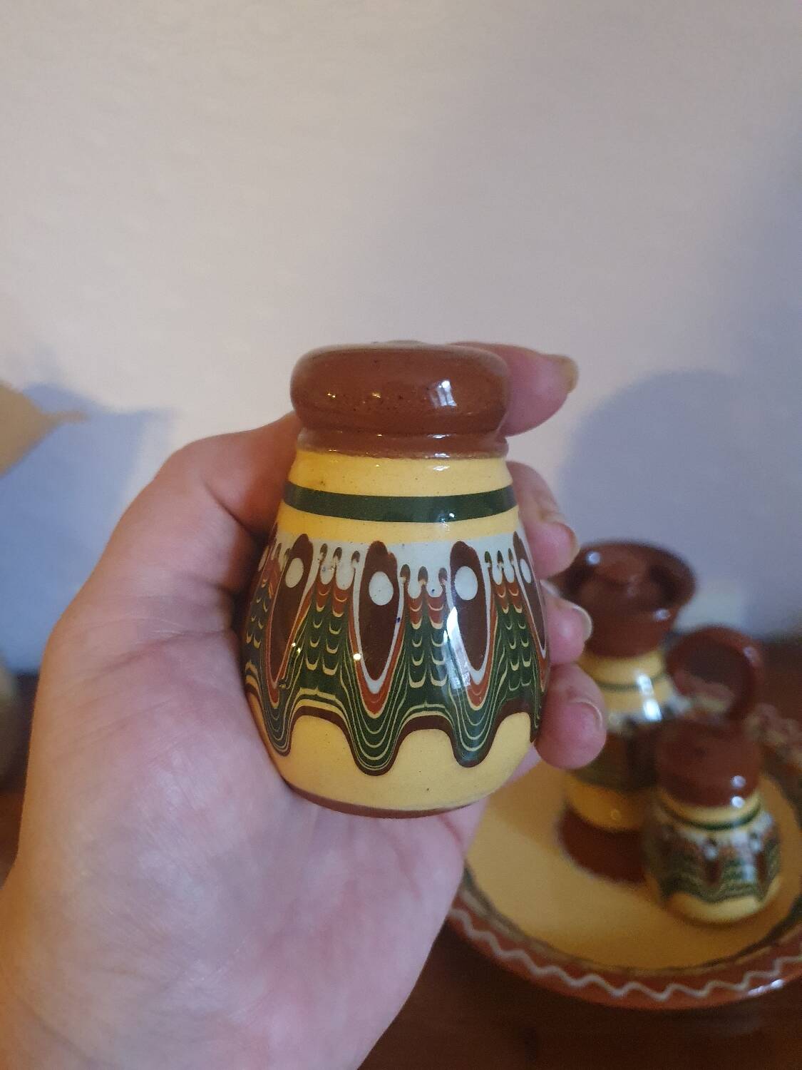 Salt pepper vinegar condiment service in vintage Bulgarian enameled pottery