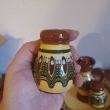 Salt pepper vinegar condiment service in vintage Bulgarian enameled pottery