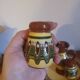 Salt pepper vinegar condiment service in vintage Bulgarian enameled pottery
