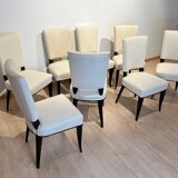 Art Deco Chairs in Black Lacquer in Cream Velour, France, 1930s, Set of 8