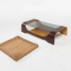 Table basse française du milieu du siècle en contreplaqué wengé courbé avec plateau en verre, années 1960