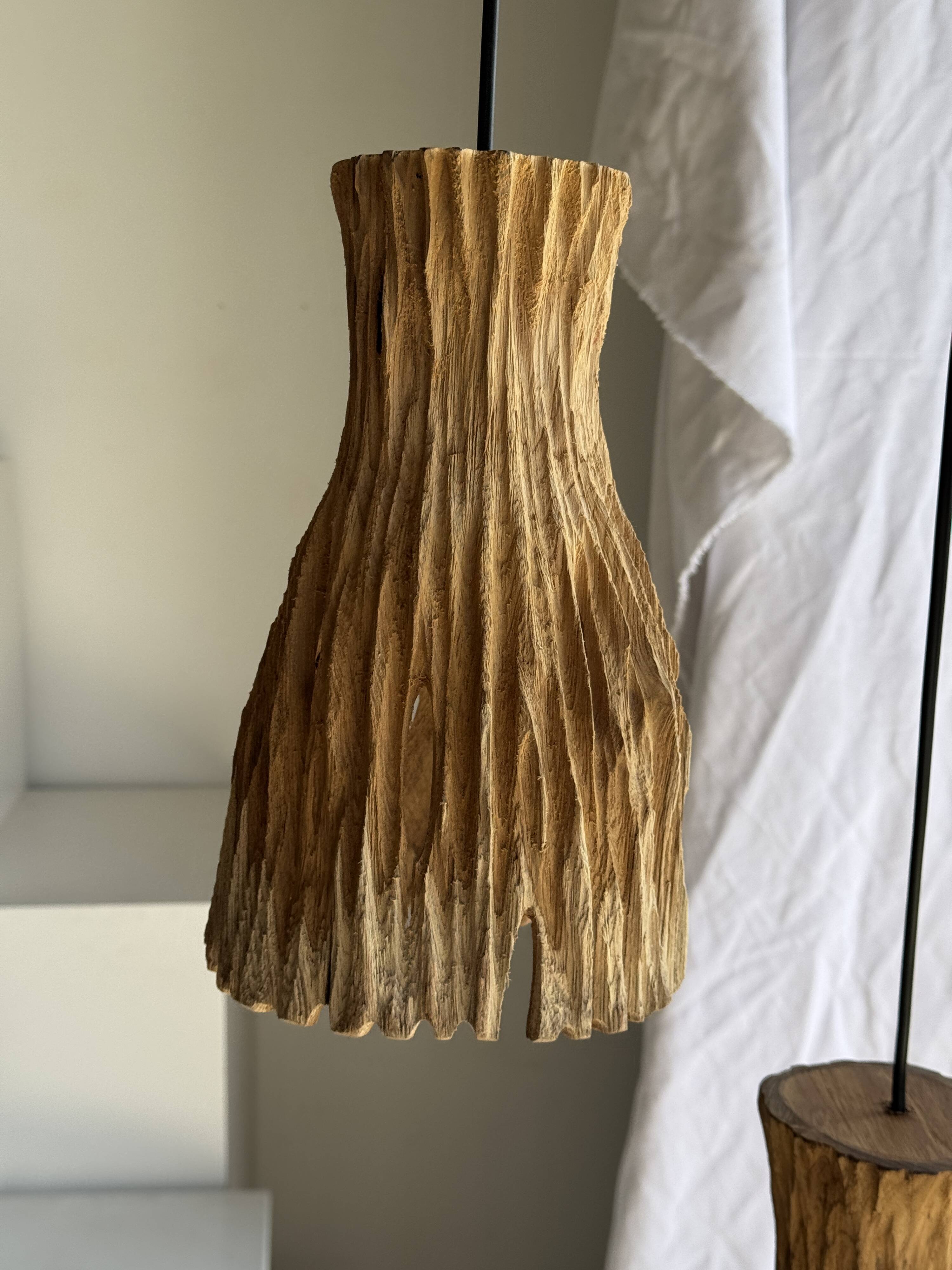 Suspension or lampshade in natural organic teak, tubular, H30 D22.