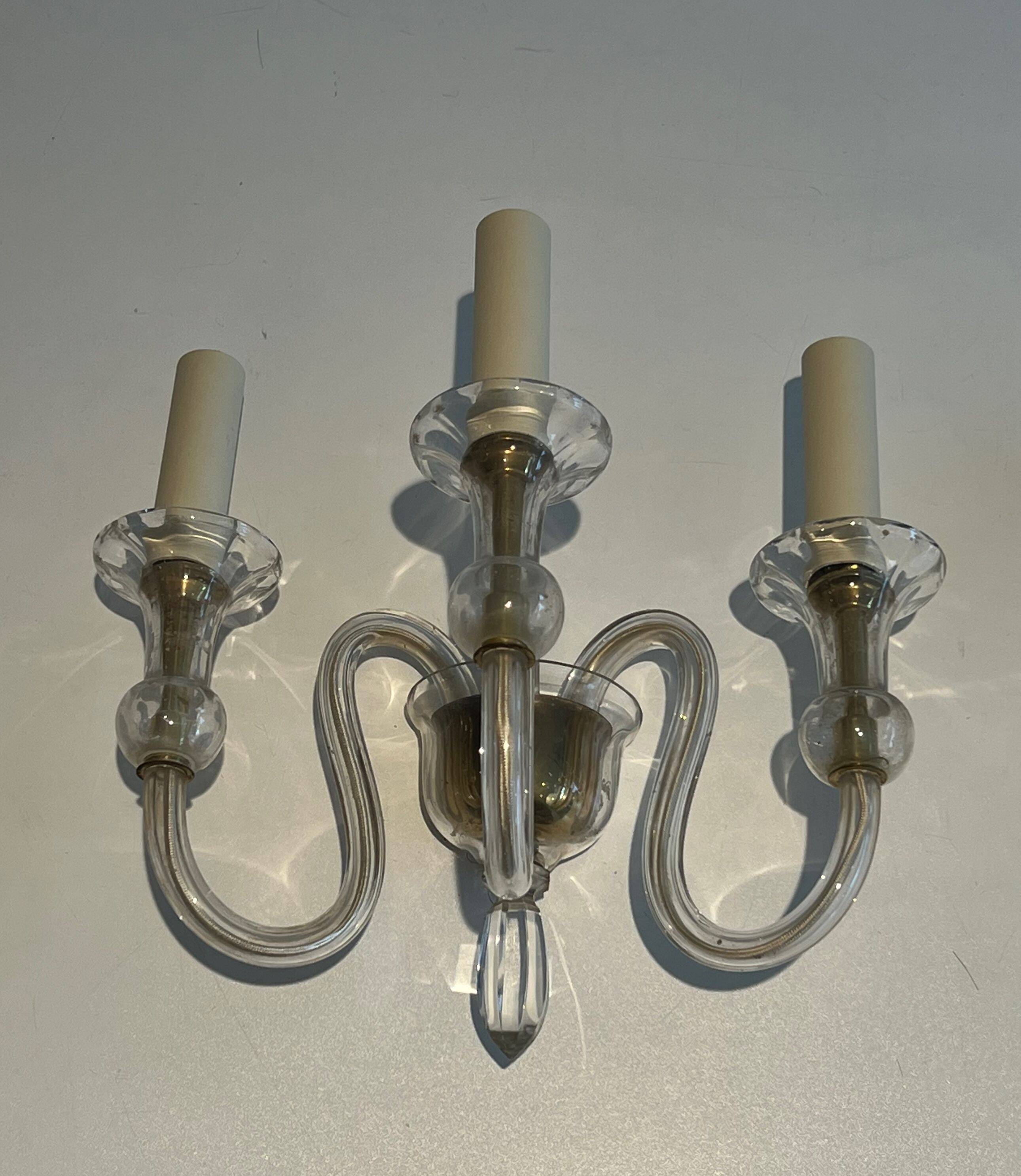 Pair of Murano crystal wall lights with 3 arms.