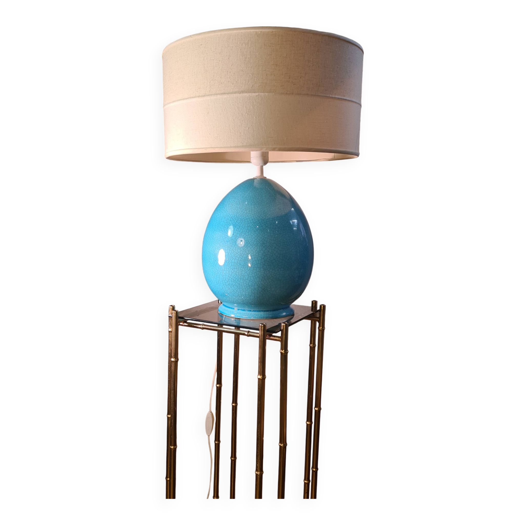 large living room lamp in cracked turquoise blue ceramic 1970 to 80, h53x40 elec ok
