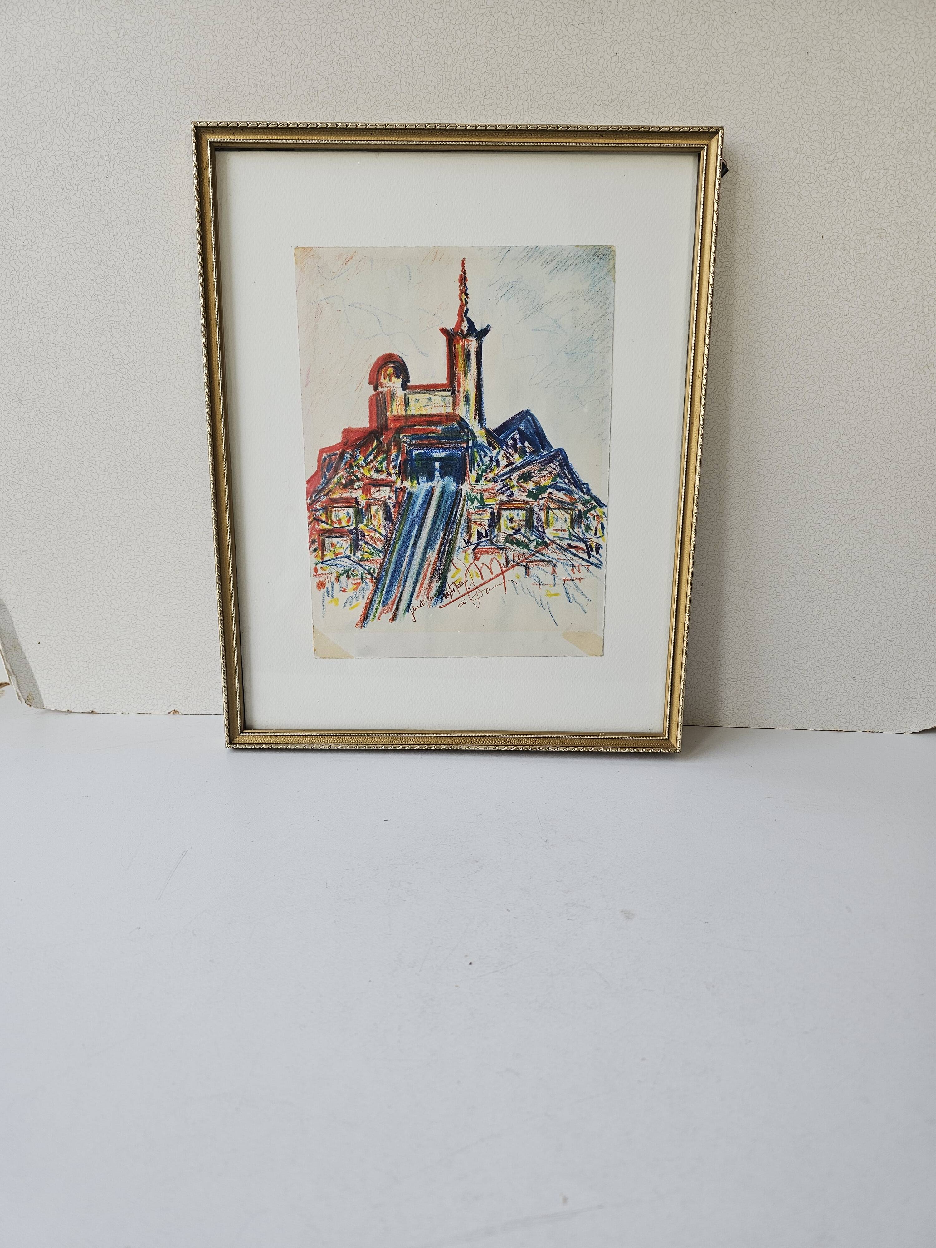 Pastel painting of Notre Dame de la Garde, Marseille. Signed JM (Signature at id)