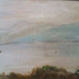 peinture à l'huile antique sur toile paysage lac de montagne début des années