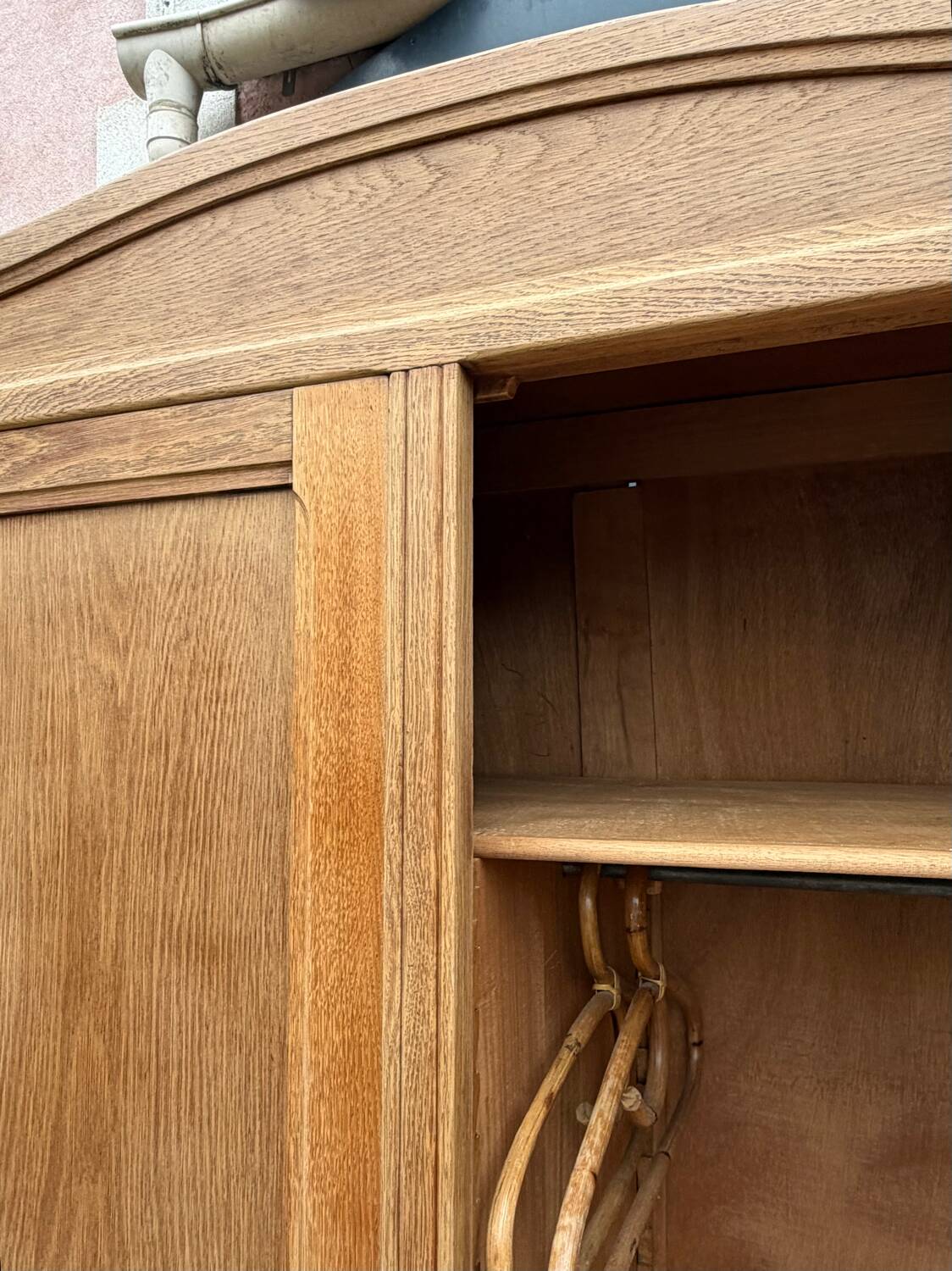 Parisian hotel wardrobe with bevelled mirror, solid raw oak, 1920.