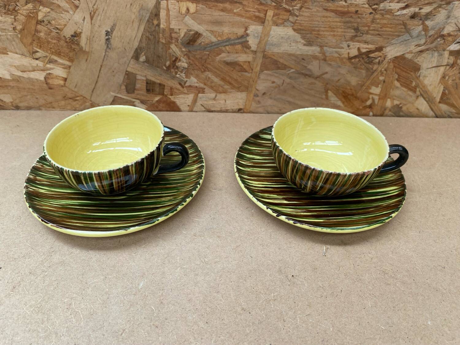 Pair of antique st clement safari ceramic yellow vintage mugs