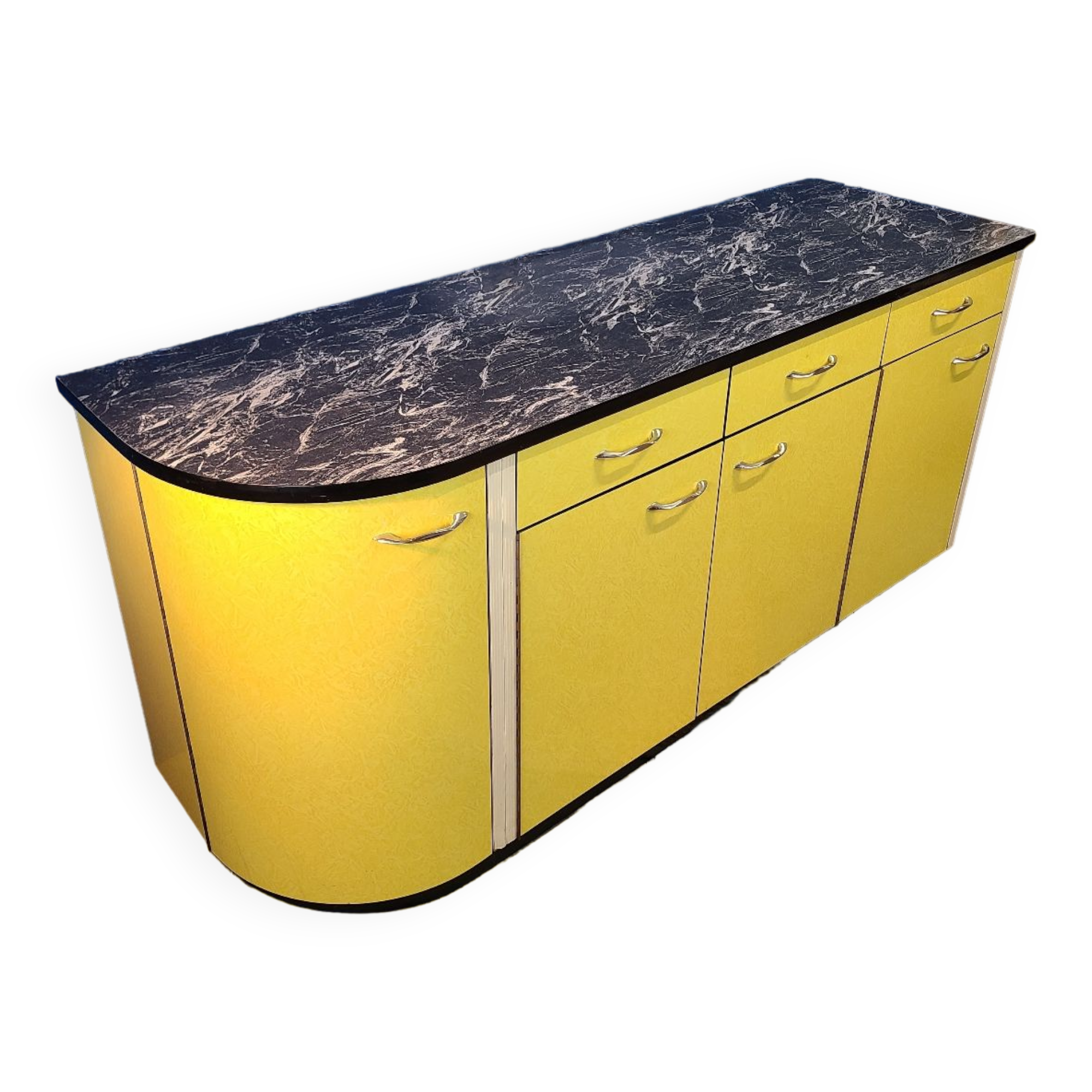 Vintage yellow sideboard, and black marble top.