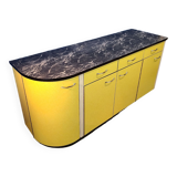 Vintage yellow sideboard, and black marble top.