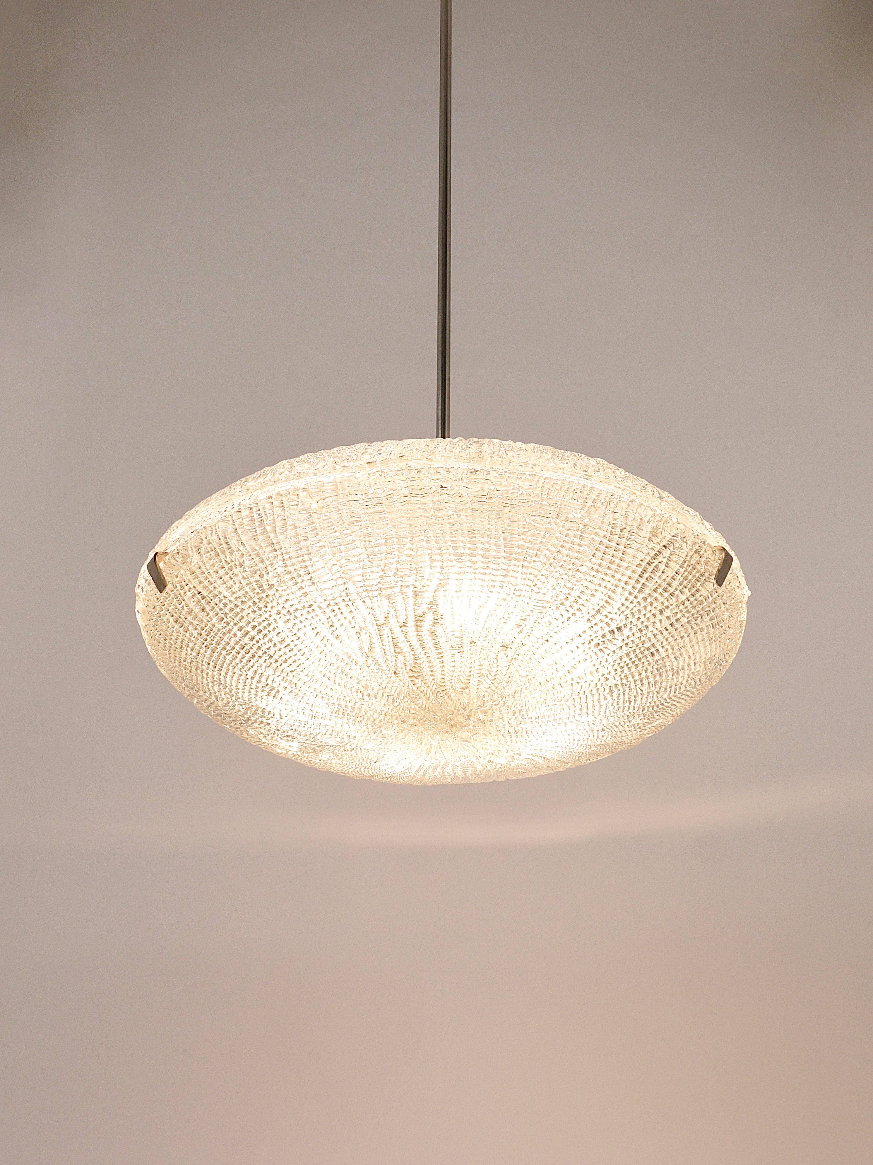 Mid-century Textured Glass and Nickel Kalmar Discus Chandelier, Austria, 1950s