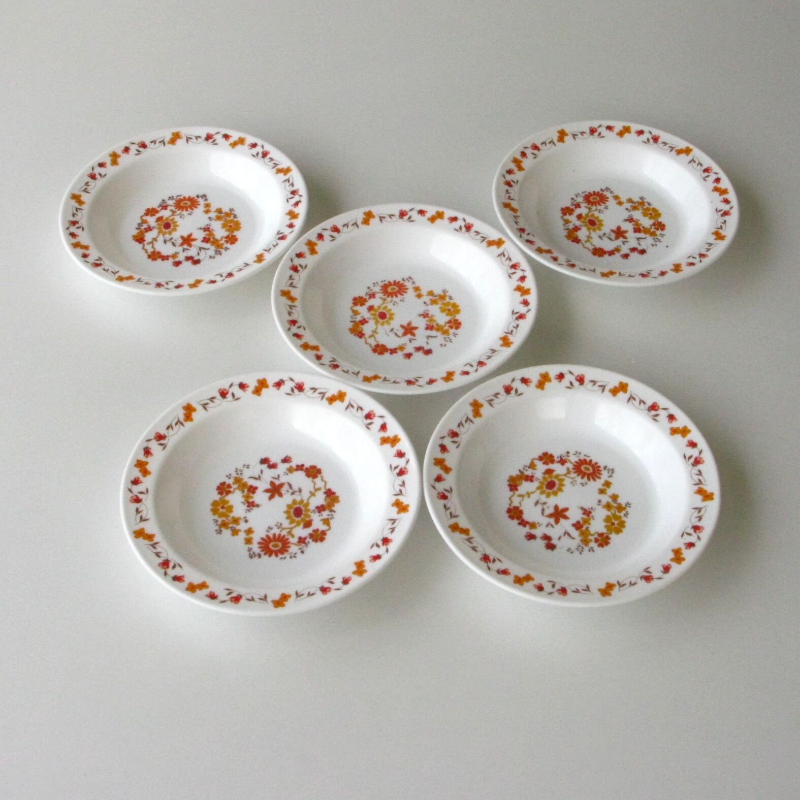 Lot 5 arcopal hollow plates -decorated with orange flowers