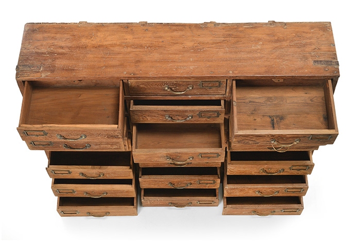 Old teak storage cabinet with 21 drawers