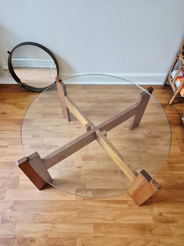 Table ronde en bois avec plateau en verre - Vintage