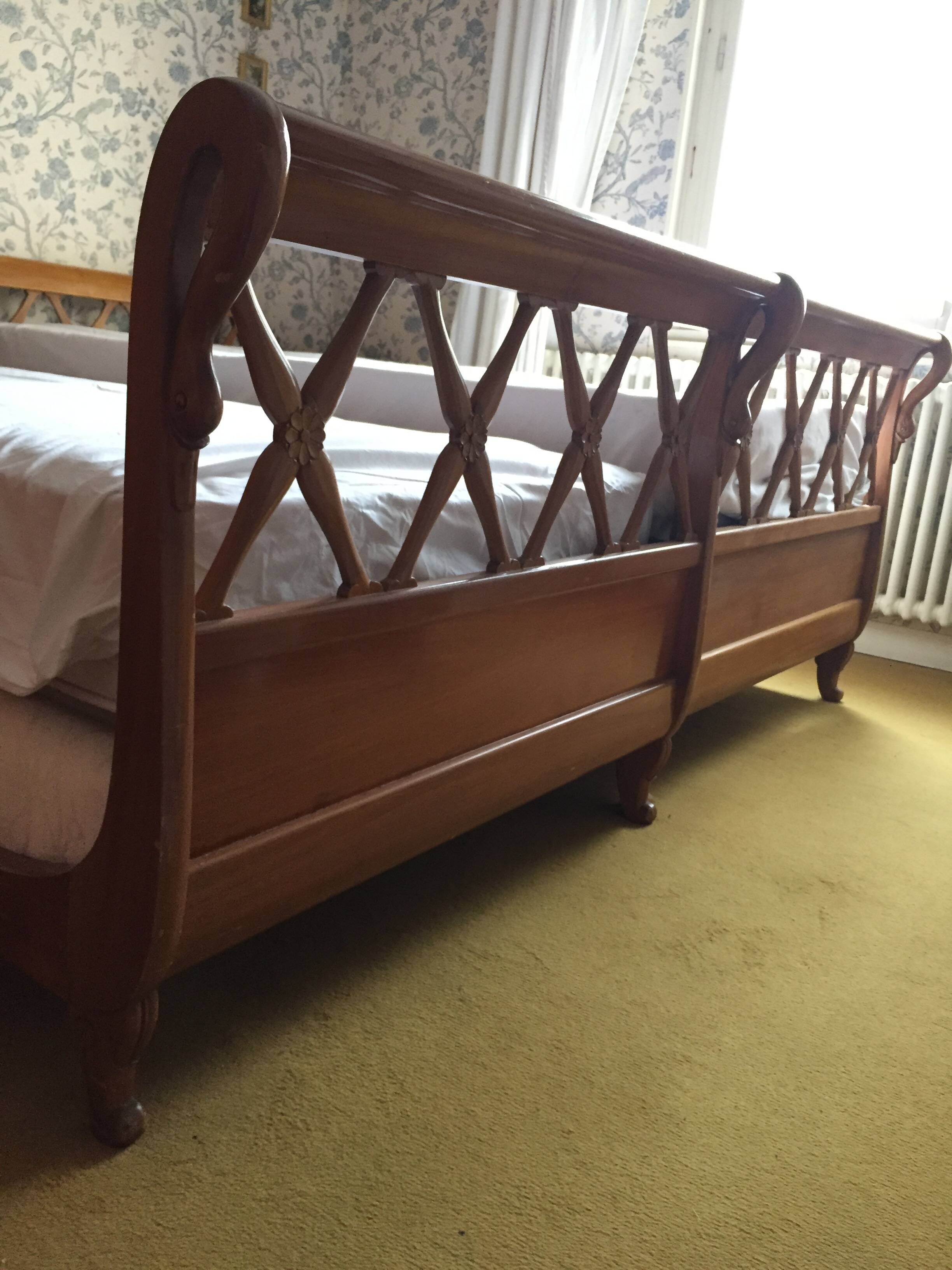 Pair of empire style swan neck beds and bedside tables