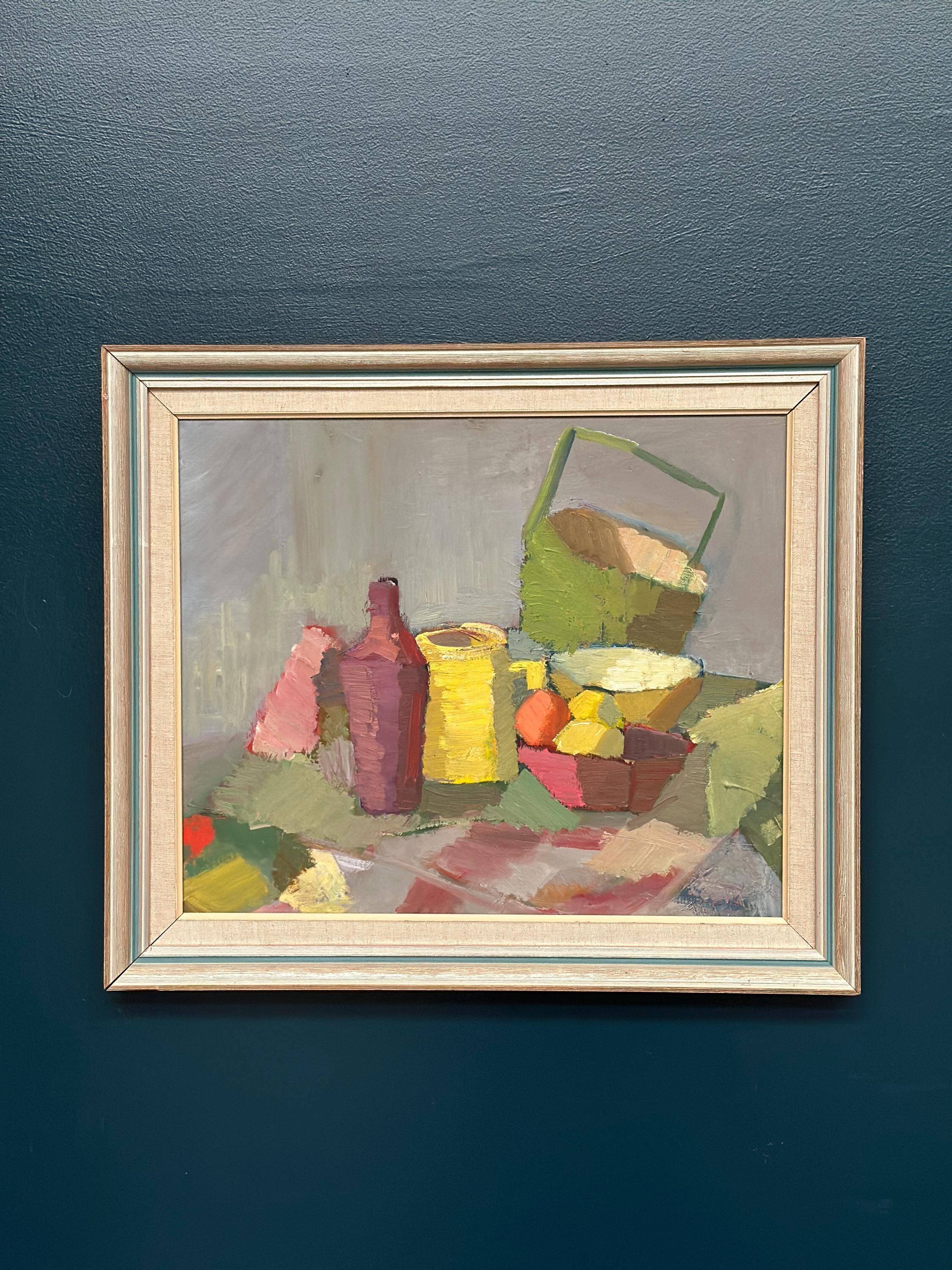 Original Mid Centaur European Oil On Canvas – Colourful Cubist Still Life By Lopin – 1950s Vintage & Framed