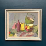 Original Mid Centaur European Oil On Canvas – Colourful Cubist Still Life By Lopin – 1950s Vintage & Framed