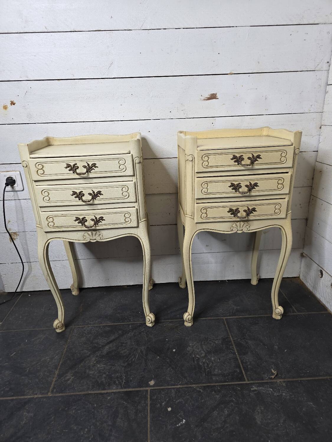 Pair of Louis XV style bedside tables with patina