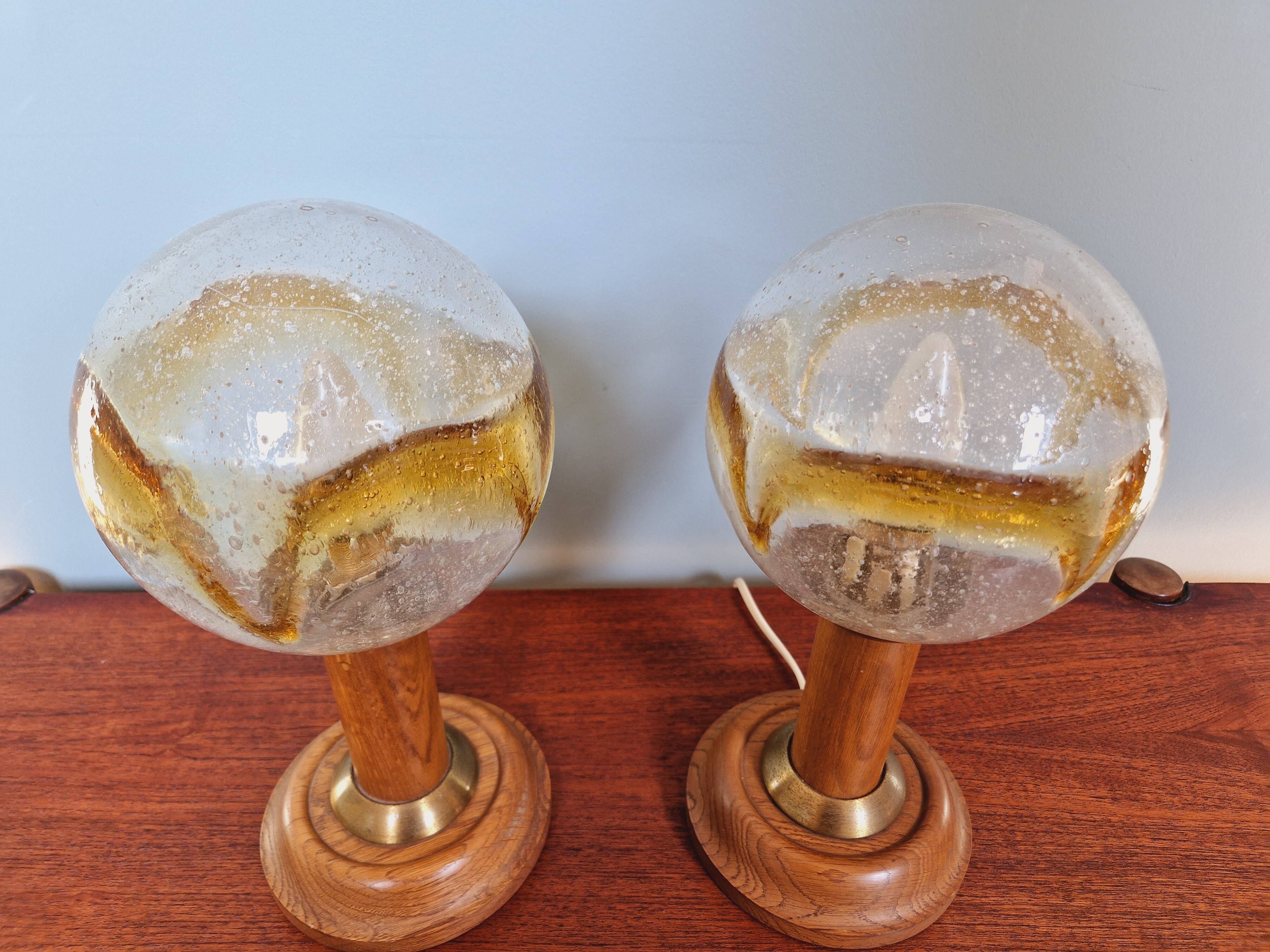 Pair of wooden and blown glass lamps, Honsel Leuchten, 1970s