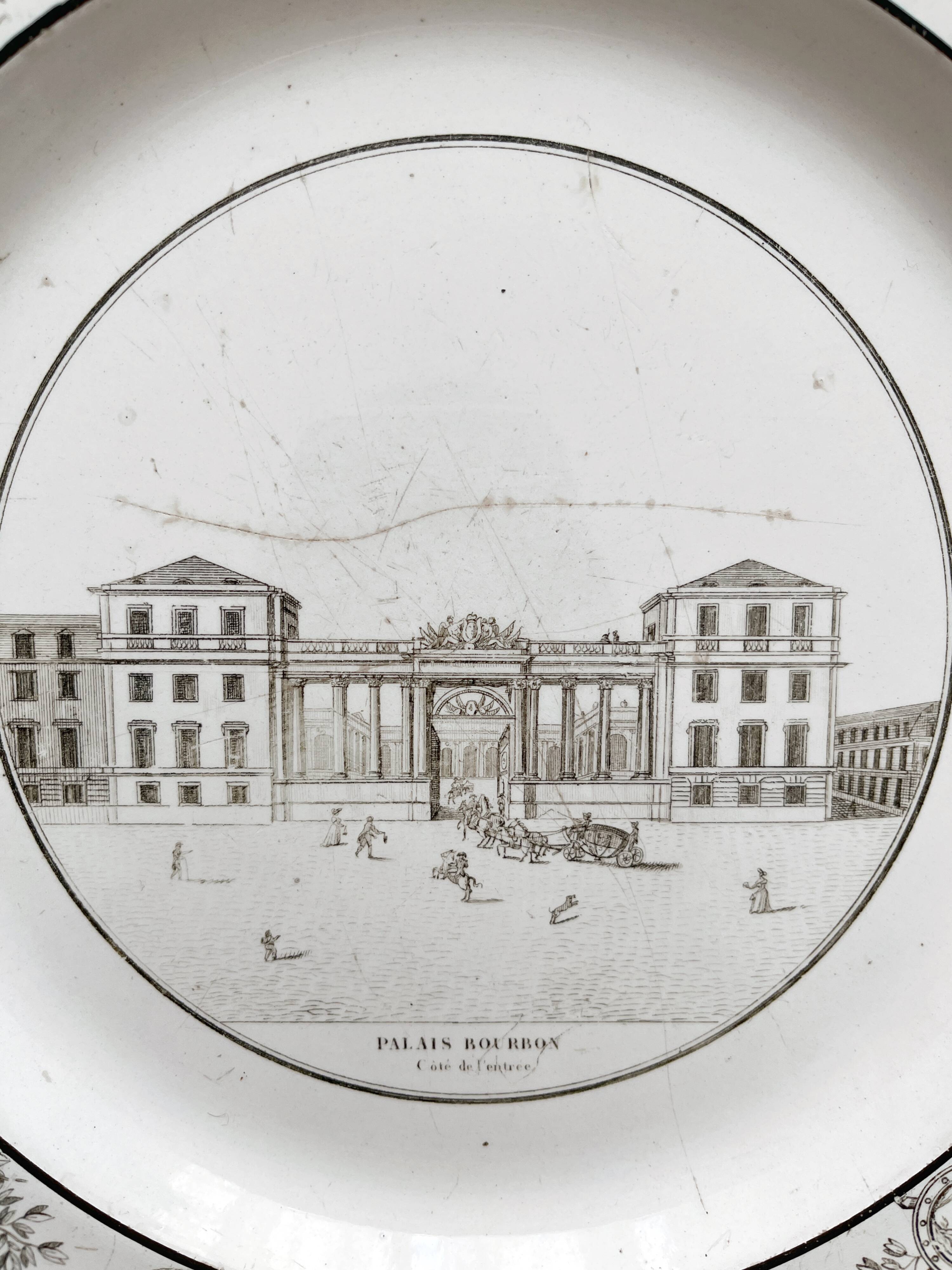 Antique fine earthenware plate "Palais Bourbon" Creil, early 19th century