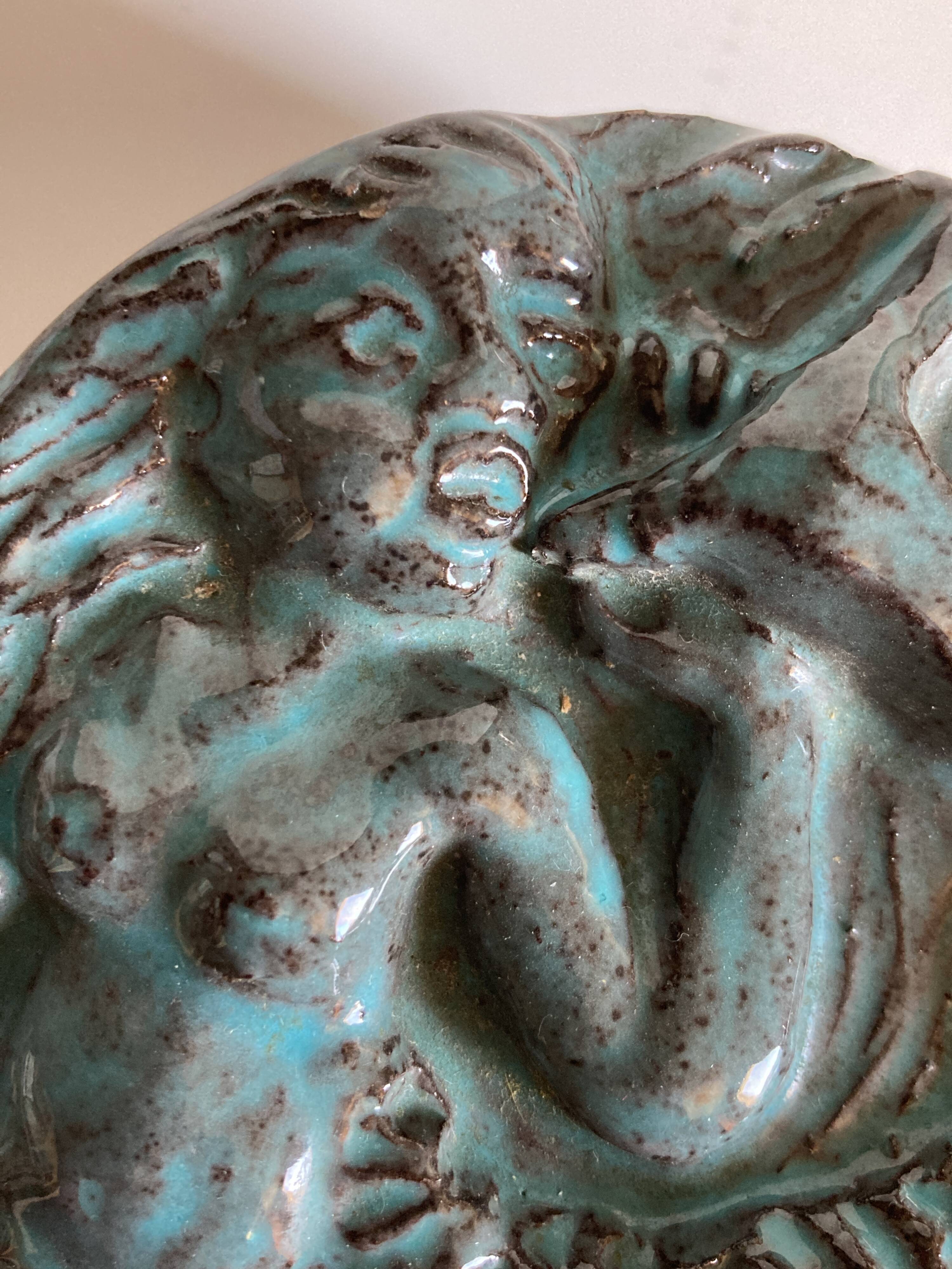 Green-blue enameled ceramic (stoneware) candy box with mermaid decoration, mid-20th century