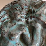 Green-blue enameled ceramic (stoneware) candy box with mermaid decoration, mid-20th century