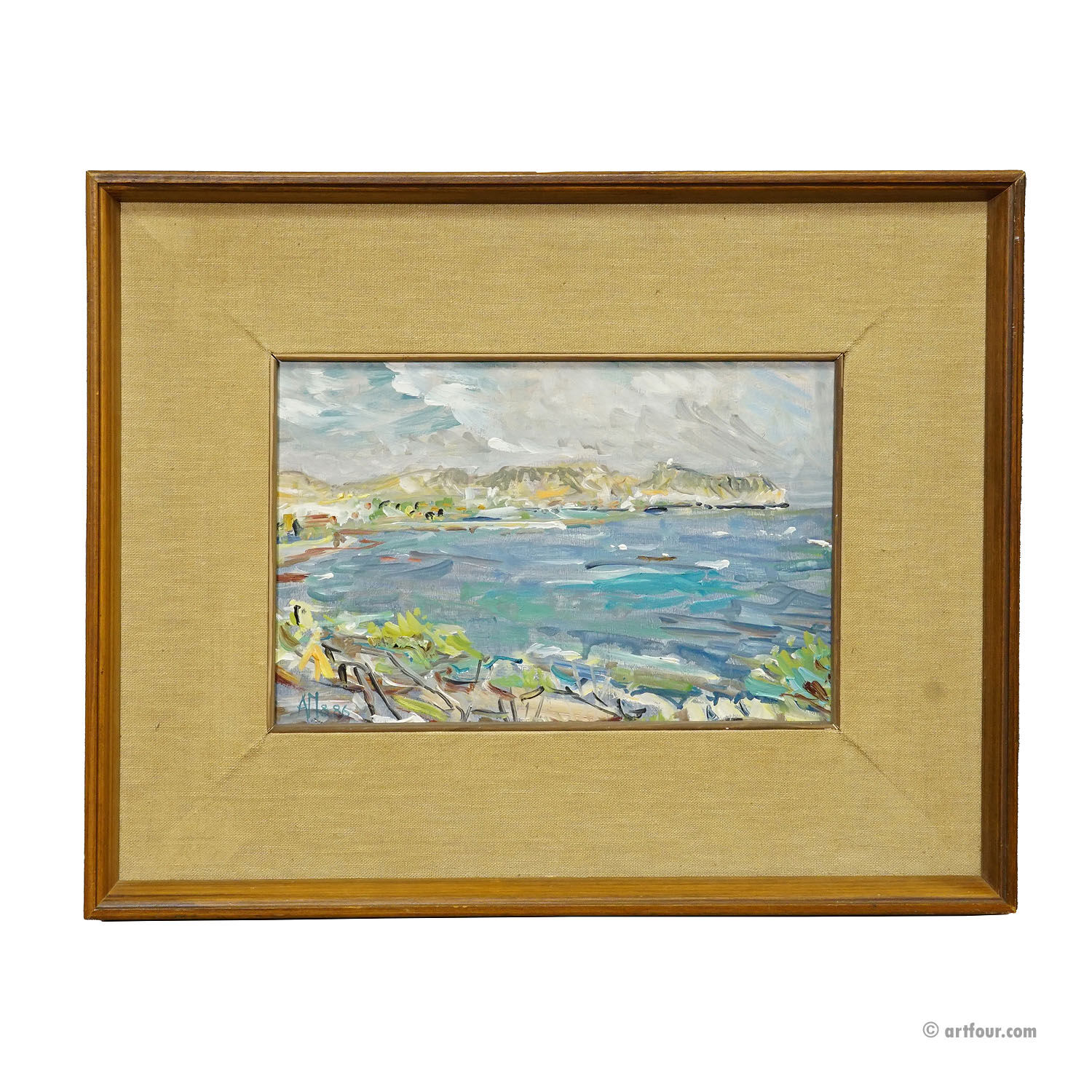 Oil painting by Alexander Michael of a coastal landscape in Moreira, Spain 1986.