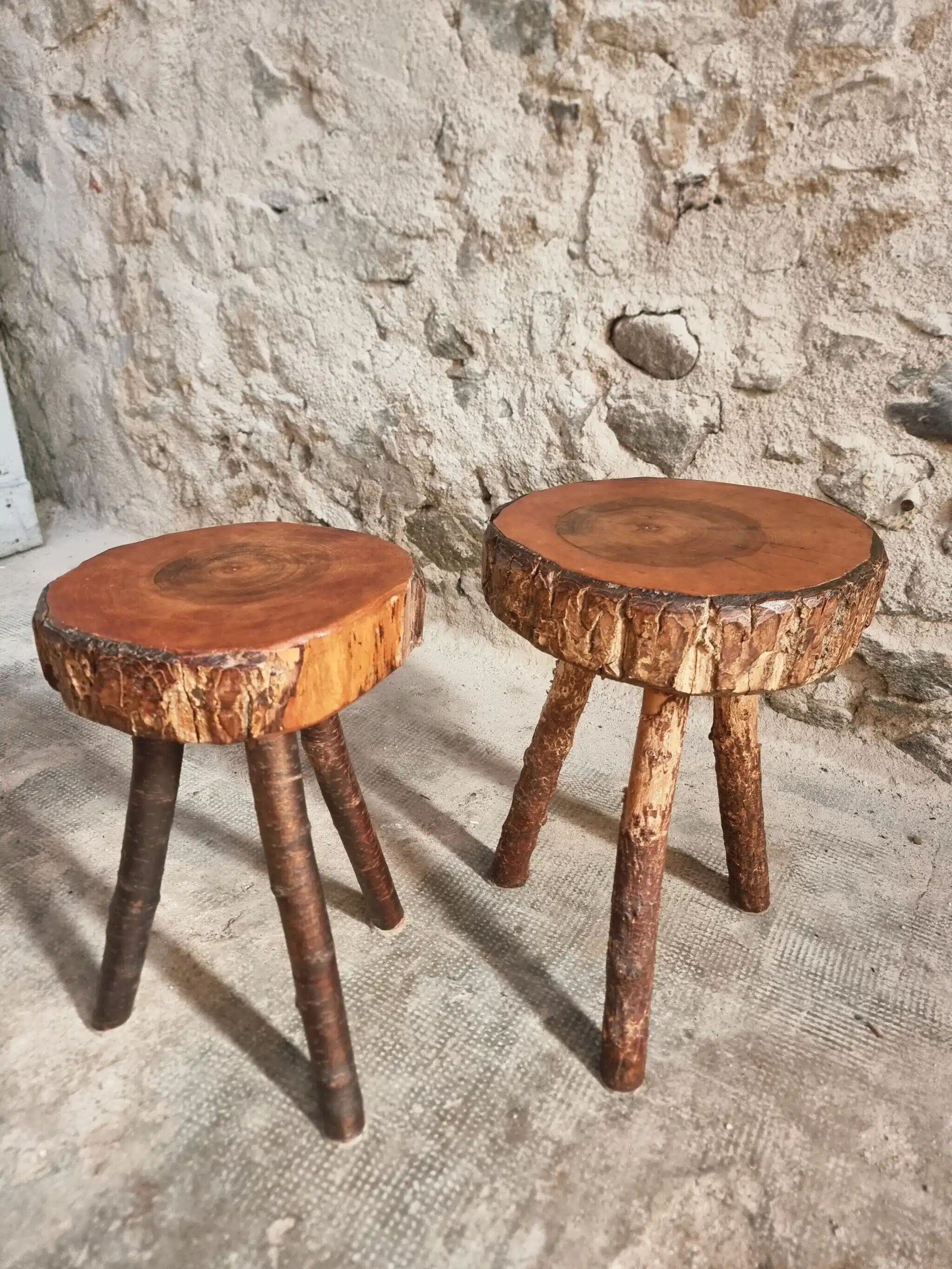 Vintage wooden tripod stools, set of 2, France 1960s