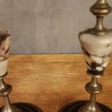 Pair of brass + marble or stone candlesticks