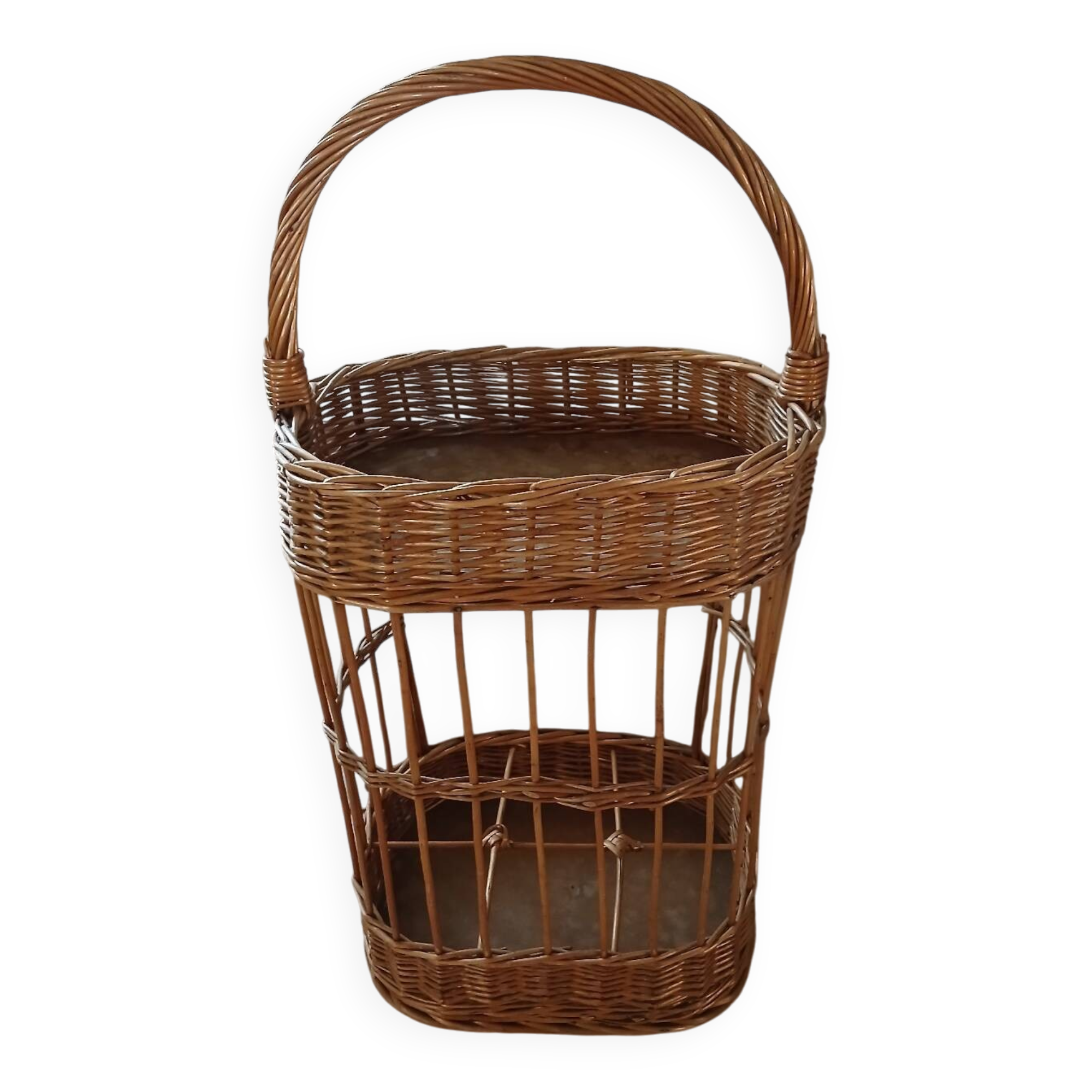 Panier porte bouteilles ancien en rotin