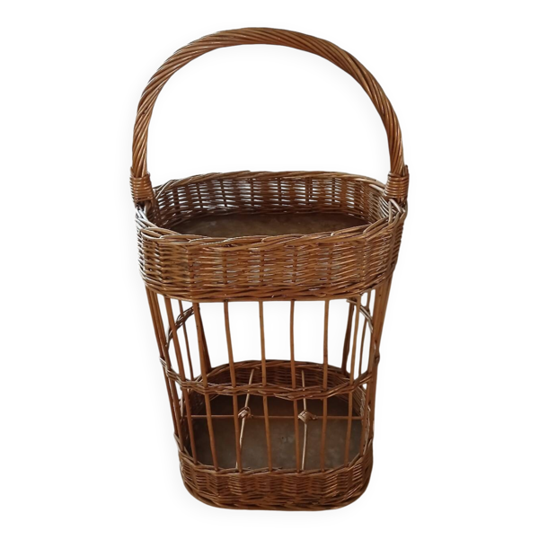 Panier porte bouteilles ancien en rotin