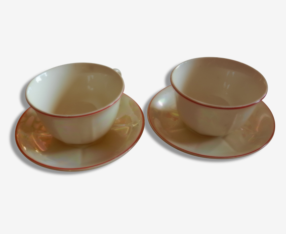 Lot de deux tasses + soucoupes - Porcelaine/nacre Badonviller 1920
