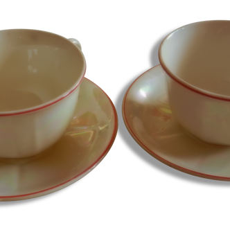 Lot de deux tasses + soucoupes - Porcelaine/nacre Badonviller 1920