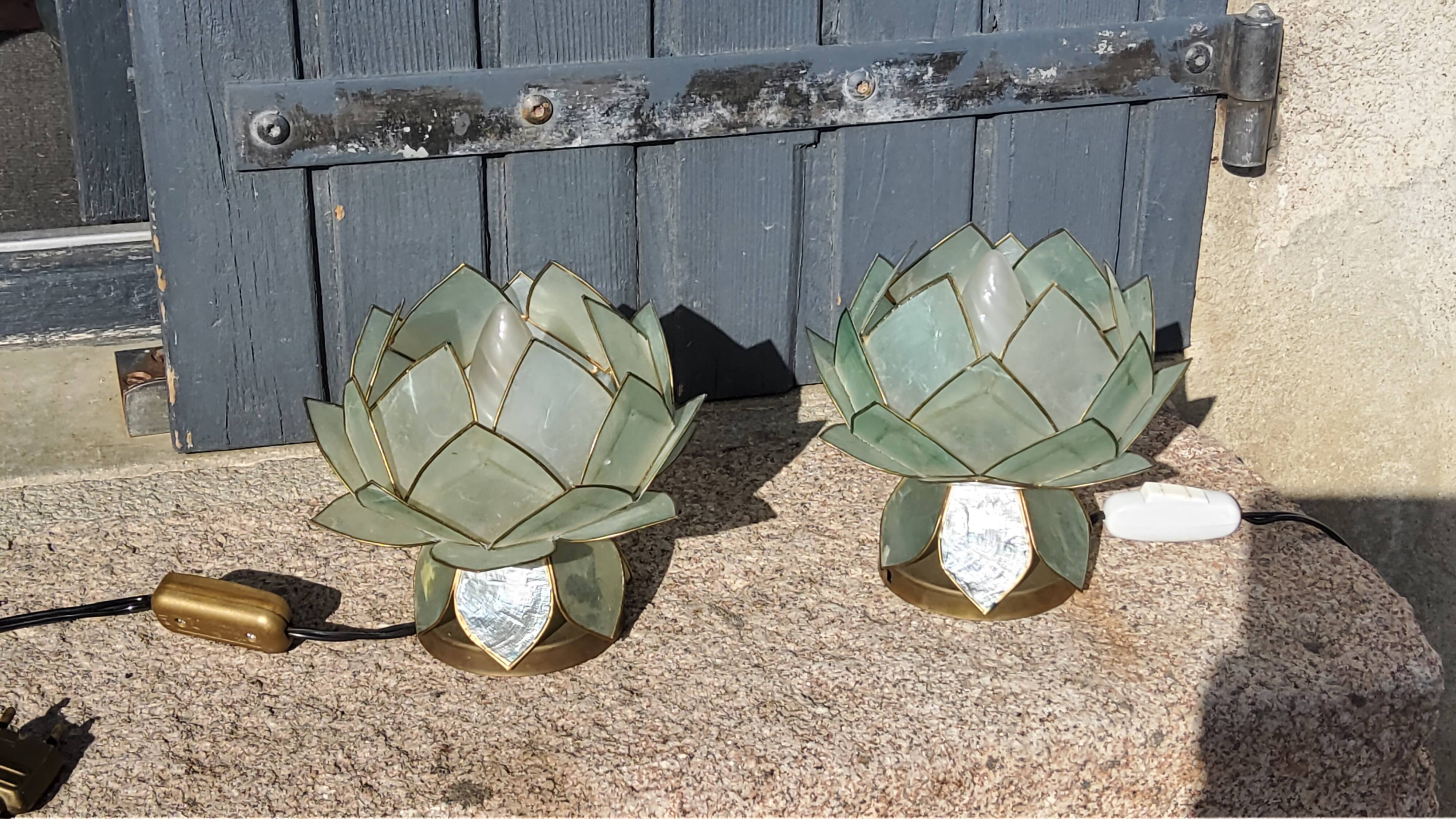 Pair of designer table lamps in turquoise blue green capiz mother-of-pearl from the 70s