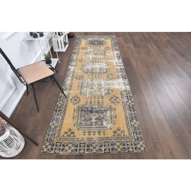1970s Turkish Hand-Knotted Yellow Wool Runner Rug 111x341