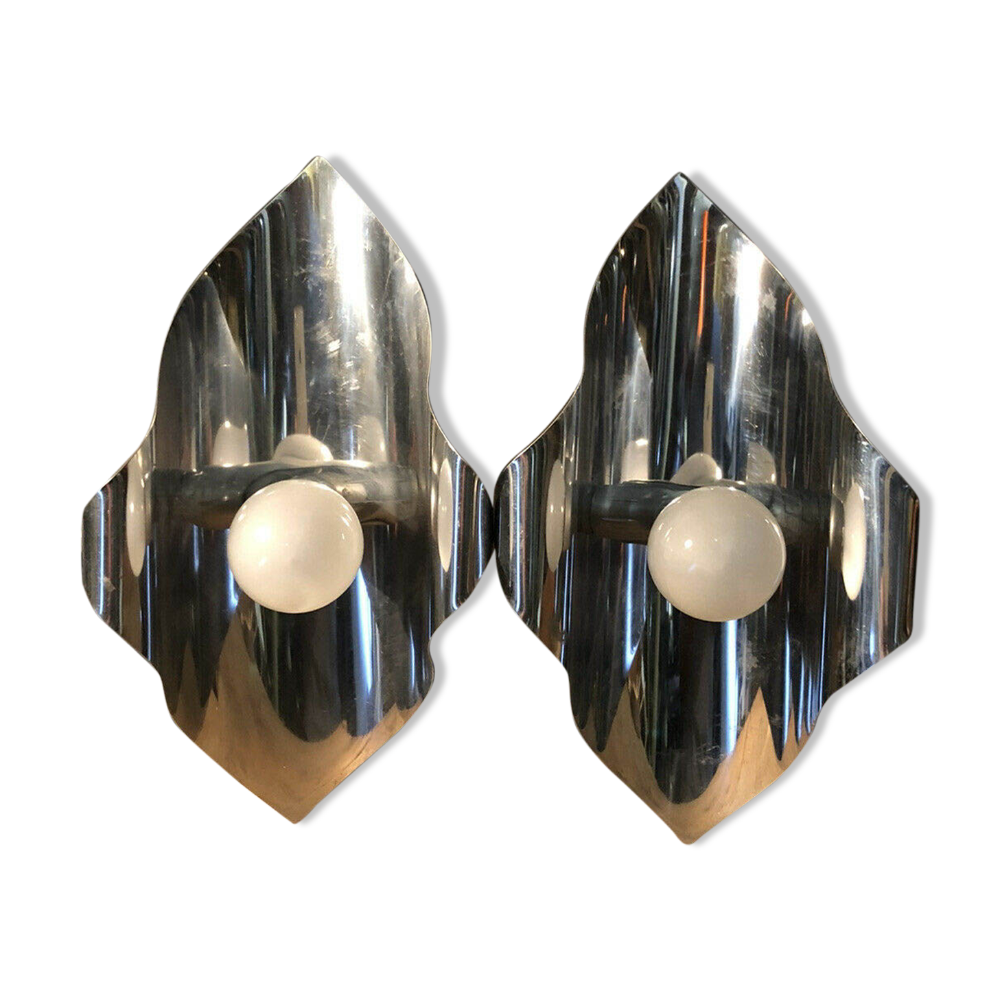 Pair space Age chrome metal wall appliques
