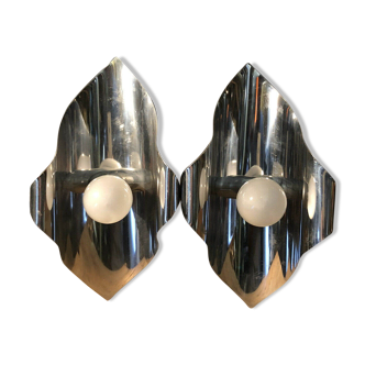 Pair space Age chrome metal wall appliques
