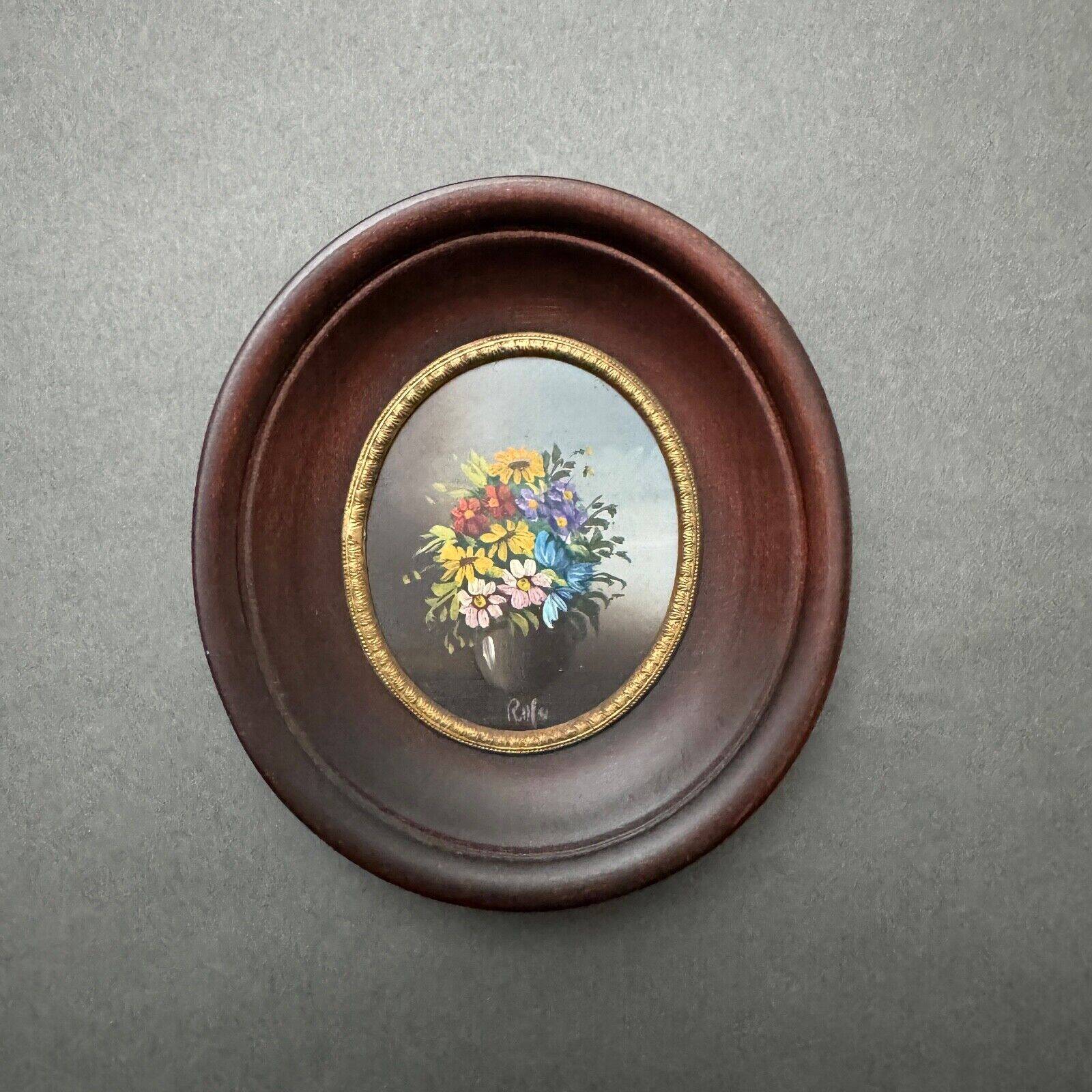 Miniature hand painted by Rolu bouquet of flowers mid 20th century wooden frame