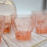 Vintage pink decanter with its 6 glasses