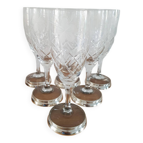 6 flûtes en cristal avec pied cerclé d'argent