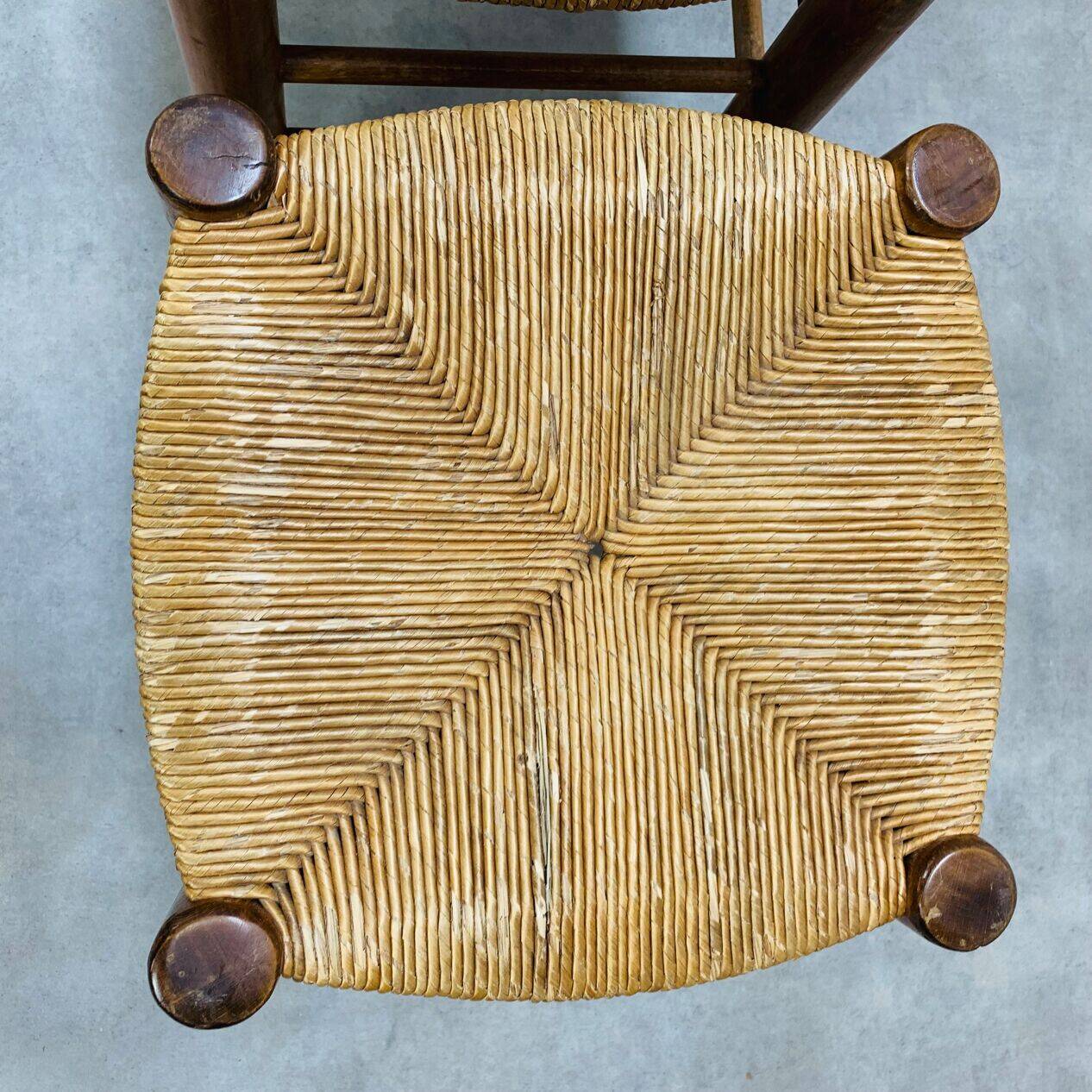 Pair of straw and wood stools, 1960s, neo-rustic style.