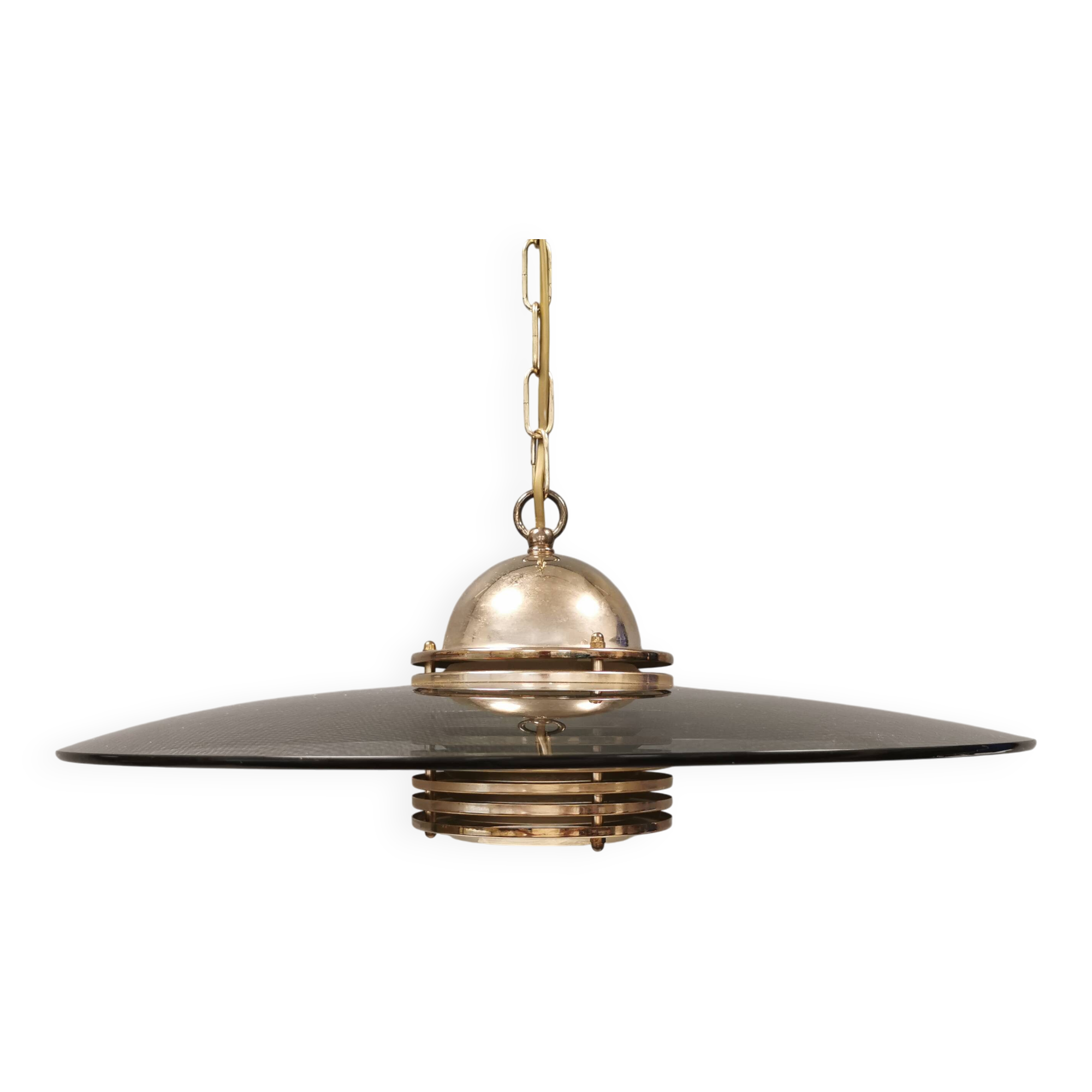 Original Belid T 391 pendant light in gold-coloured metal and smoked glass